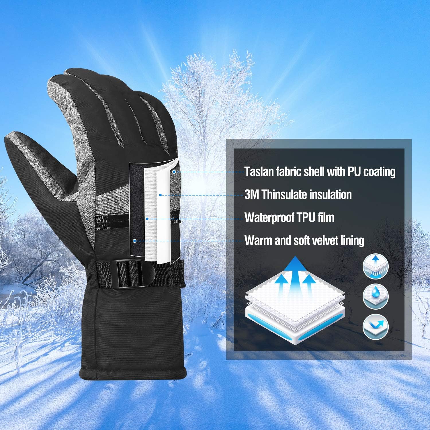 Terra Hiker Men’s Waterproof Gloves, Women’s Winter Warm Ski Gloves 3M Thinsulate Snowmobile Cold Weather Gloves for Adults : Clothing