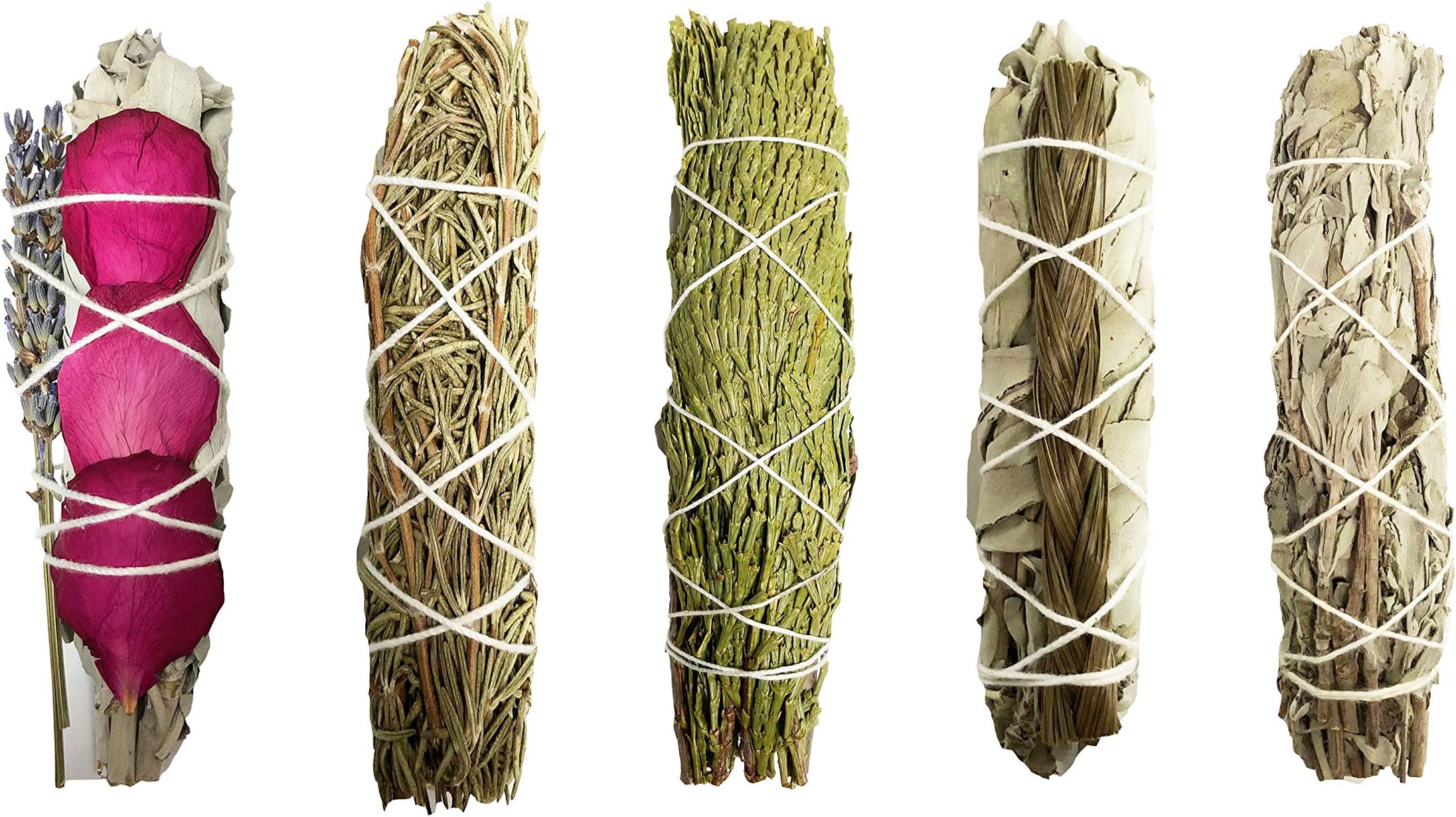 Smudge Sticks Sampler - 1 White Sage with Rose and Lavender, 1 Rosemary, 1 Cedar, 1 Sweetgrass White Sage and 1 Black Sage