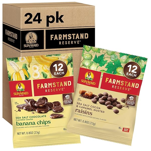 SUN-MAID FARMSTAND RESERVE 24 COUNT VARIETY PACK – 0.8 OZ SNACK BAG – SEA SALT COCOA & CARAMEL DUSTED RAISINS + SEA SALT CHOCOLATE COATED BANANA CHIPS (AMAZON EXCLUSIVE)