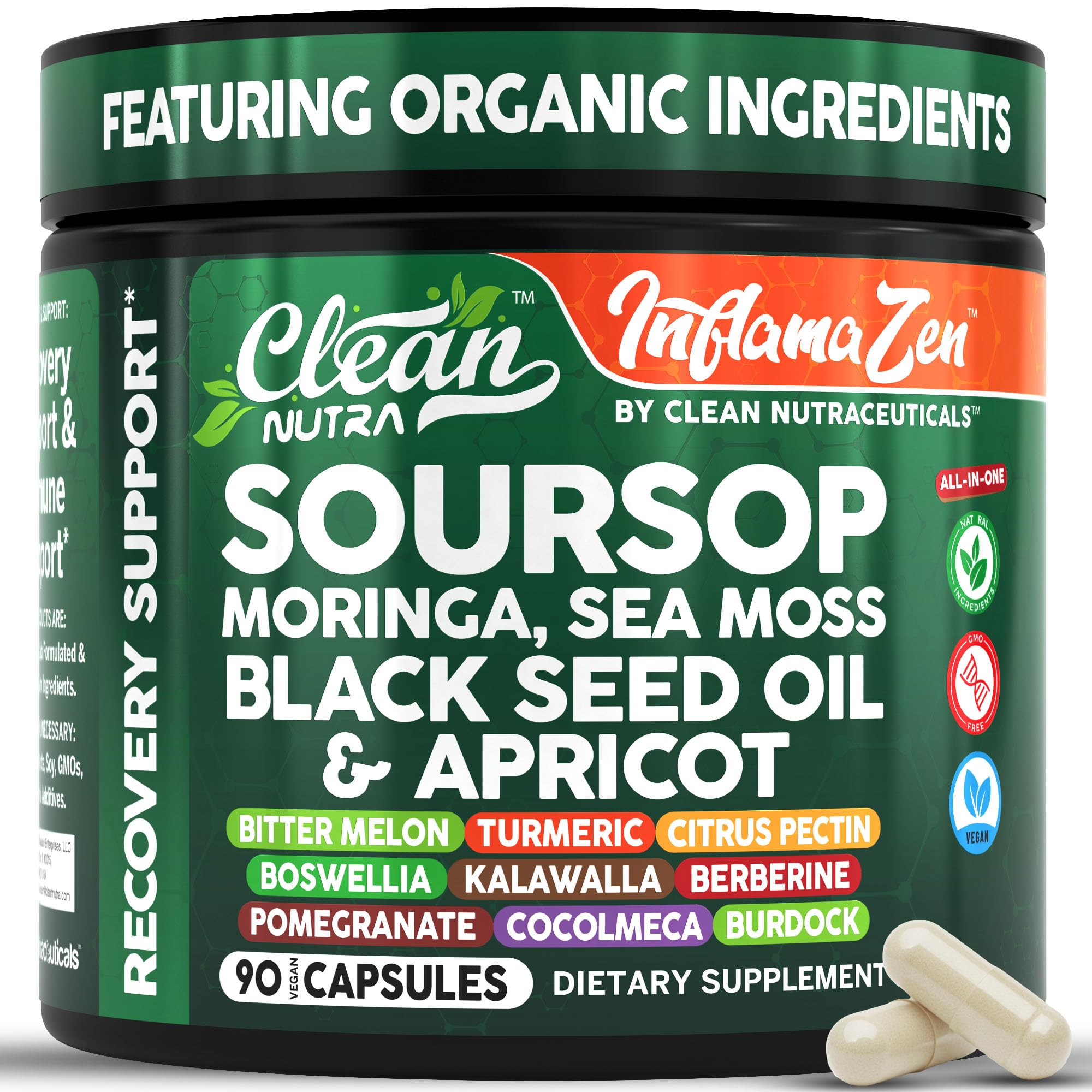 Clean Nutra Soursop Supplement Moringa Sea Moss Black 90 Count