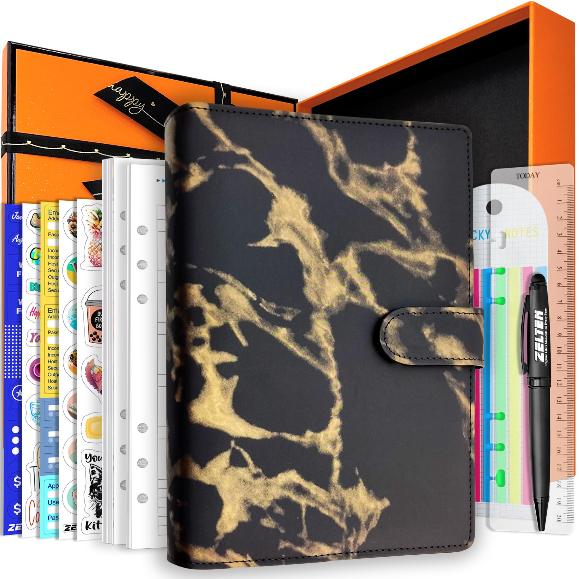 Zelten PU Leather Personal Notebook Planner with 67 Pages Loose-Leaf Papers 6 Holes Ring Binder Pen Holder Magnetic Buckle (Black Marble,A5 Gift Box)
