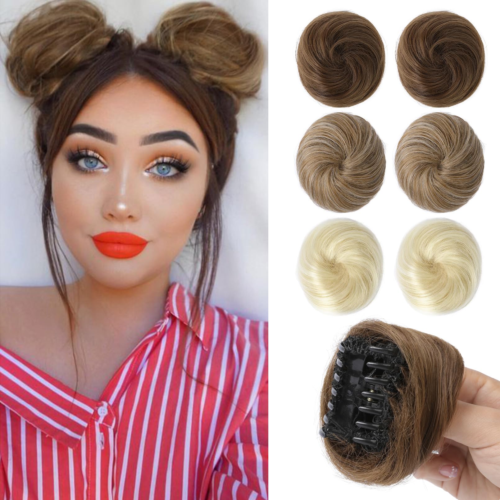 REECHO 2 PCS Mini Claw Clip in Messy & Cat Ears Hair Bun Extensions Wig Accessory Updo Hairpieces for Women Girls (Pack of 2-3" Straight, Light Chocolate Brown)