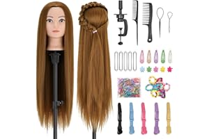 Yekavo Mannequin Head with Hair, 28" Doll Head for Hair Styling & Braiding, Hairdressing Training Doll Heads with Clamp Holder Kits for Cosmetology & Hairdresser Training (Brown)