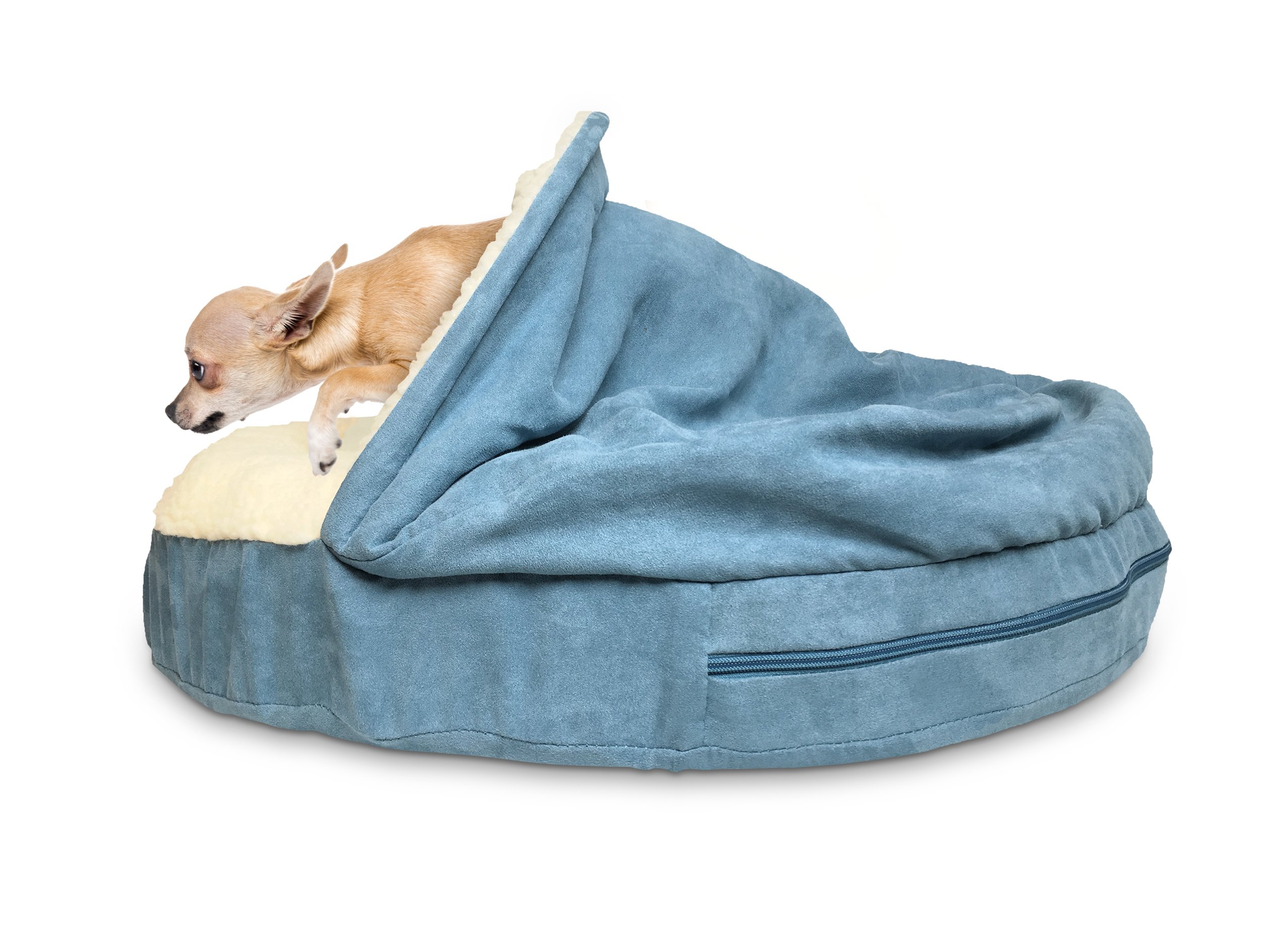 FurHaven Round Faux Sheepskin Orthopedic Snuggery Burrow Pet Bed, Blue