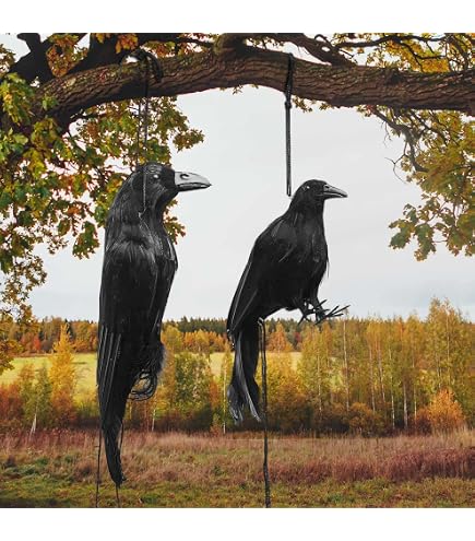 2-Pack Realistic Black Feather Crows – Halloween Decor, Artificial Crows With Bendable Feet For Party & Garden