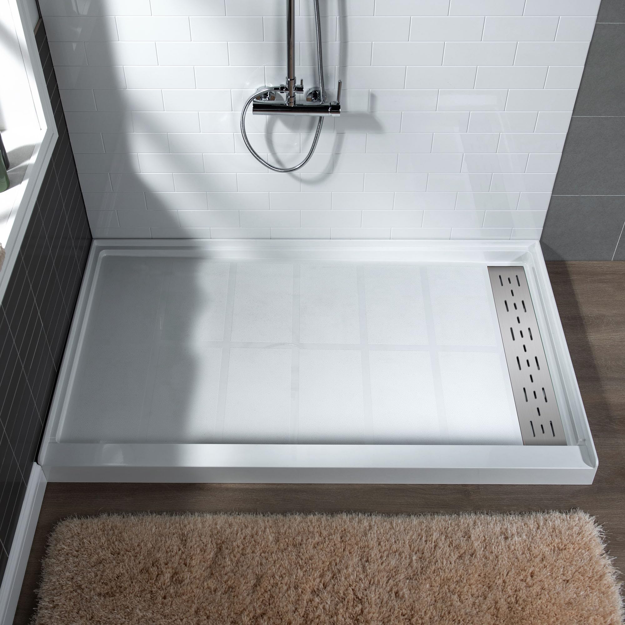 Photo 1 of *Chipped corner* WOODBRIDGE 48"L x 32"W x 4"H Shower Base,Right Drain,Non-Slip Single Threshold Shower Pan, Solid Surface with Brushed Nickel Linear Drain Cover
