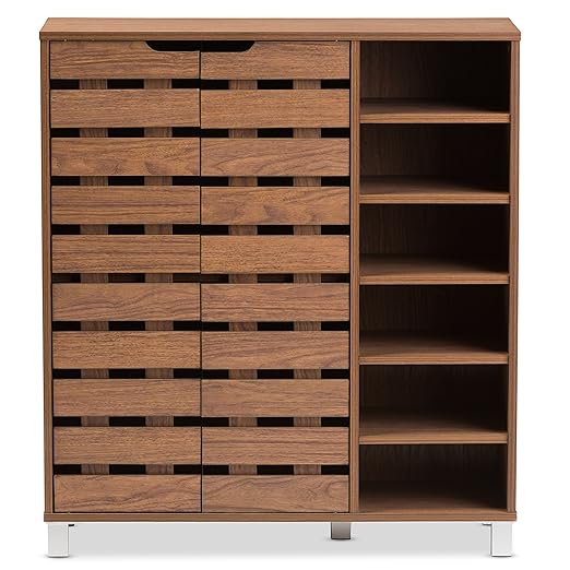 Baxton Studio Eloise Moderne & Moderne Holz Buchenholz 2 tür Schuhschrank mit offenen Regalfächern, Walnuss