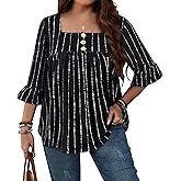Gzrsfz Plus Size Tops Square Neck 3/4 Flutter Sleeve Blouse Button Dressy Casual Fall Fashion Tops 2025(XL-5XL)
