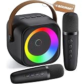 Mini Karaoke Machine,Portable Bluetooth Speaker with 2 Wireless Microphones | 360&deg; Surround Sound,5 Voice Effects,Bluetooth 5.0,LED Lights, TF/USB/AUX, For Kids and Adults, Family Home Party and Gifts