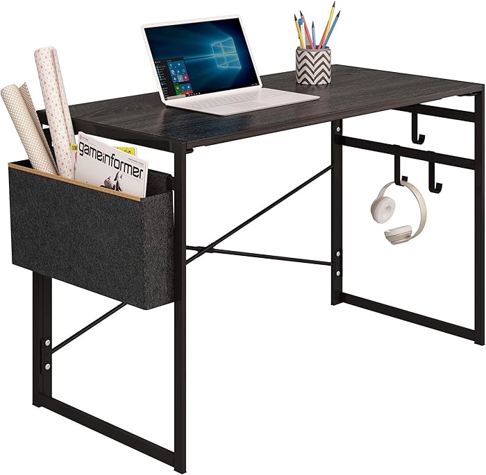 JSB Folding Computer Desk with Storage Bag and Hook, Writing Desk Modern Industrial Work Table Laptop Desk for Home Office (39.37&rdquo; x 19.69&rdquo; x 29.53&rdquo;, Black)