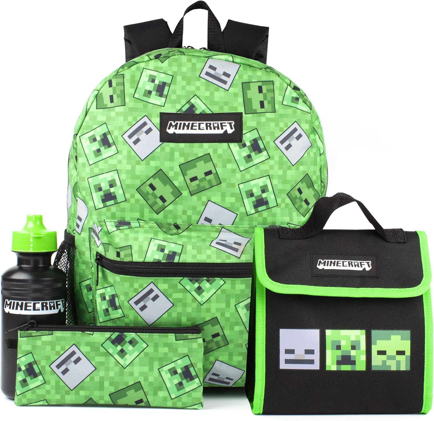 Minecraft Backpack Creeper 4 Piece Kids Green School Rucksack Set