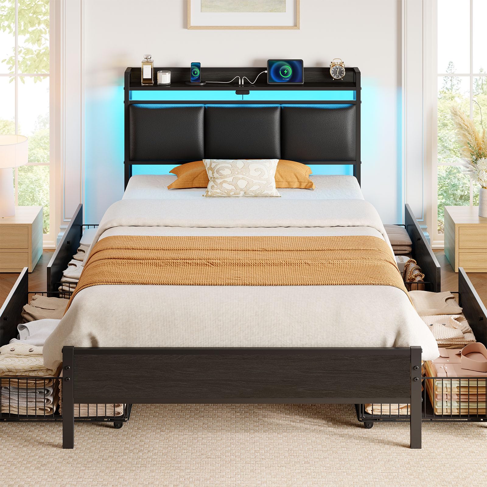 Rolanstar Bed Frame Twin Size with Charging Station and LED Lights, Upholstered Storage Headboard with Drawers, Heavy Duty Metal Slats, No Box Spring Needed, Easy Assembly, Black Image