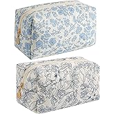 HHQQWZ Makeup Bag Travel Cosmetic Bag for Women Girls, Zipper Make Up Pouch, Floral Flowers Toiletry Organizer Makeup, Portable Storage Bag, Cosmetic Travel Cloth Bag (Blue Floral+Navy Blue Flower)