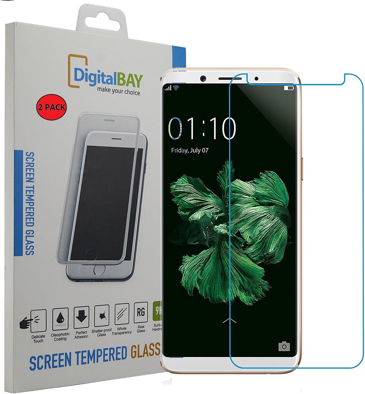 2 Pack Tempered Glass Film Oppo F5 / F5 Plus, Digital Bay [Scratch Protection] Ultra-Clear Ultra-Resistant Film Oppo F5, Protective Film Protector Glass Screen Protector For Oppo F5 Glass with 9H hardness, 0.2 mm thick, 2.5 mm rounded edges.