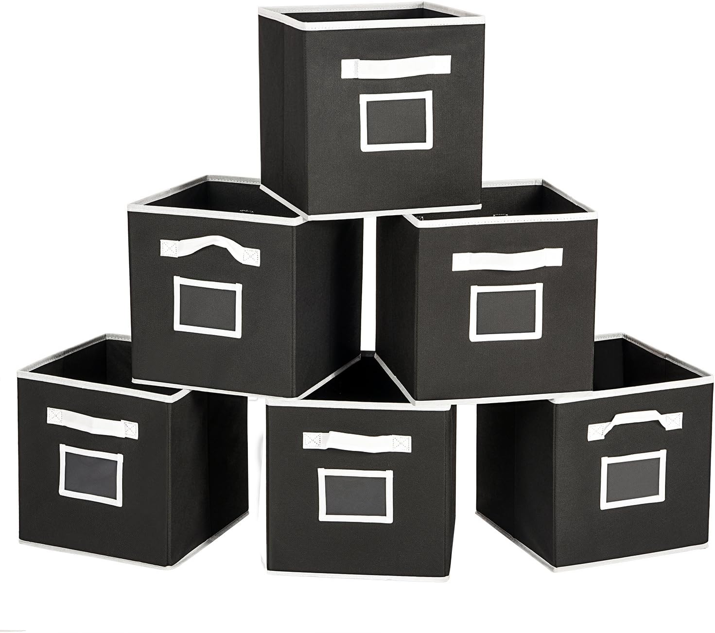MaidMAX Foldable Storage Cubes Bins Containers, Cloth Shelf Baskets with Label Holders and Dual Handles for Home Closet Bedroom Drawers Organizers, Black, Set of 6