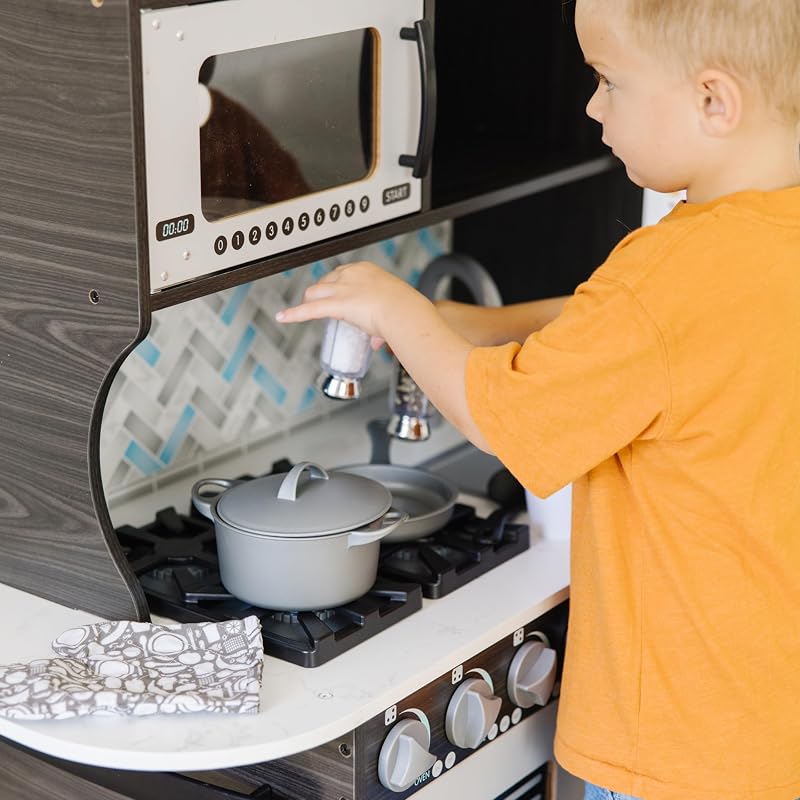 Cuisine-Jouet de Petit Chef en Bois pour Enfants - Gris Anthracite - Distributeur Inclus - Jeu de Cuisine pour Tout-Petits de 3 Ans et Plus