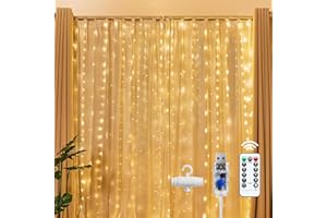 Brightown 300 LED Fairy Curtain Lights, 9.8ft x 9.8ft Warm White Curtain String Lights, USB Plug in 8 Lighting Modes Christmas Decoration, Hanging Lights with Remote for Bedroom Indoor Weddings Dorm
