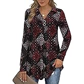Bebonnie Womens Long Sleeve Casual Lapel V Neck Pullover Tunic Blouse Tops with Buttons