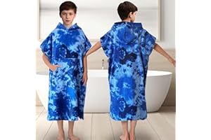 VOOVA & MOVAS Hooded Towels for Teens (8-14 Years,36"X26") | 100% Cotton Poncho Towel for Big Kids & Boys | Large Absorbent Towel Robe for Pool, Bath, Swim | Blue Tie Dye Design