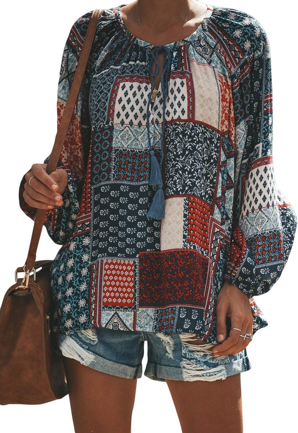 FARYSAYS Women's Casual Boho Floral Print V Neck Long Sleeve Shirts Tops Loose Blouses