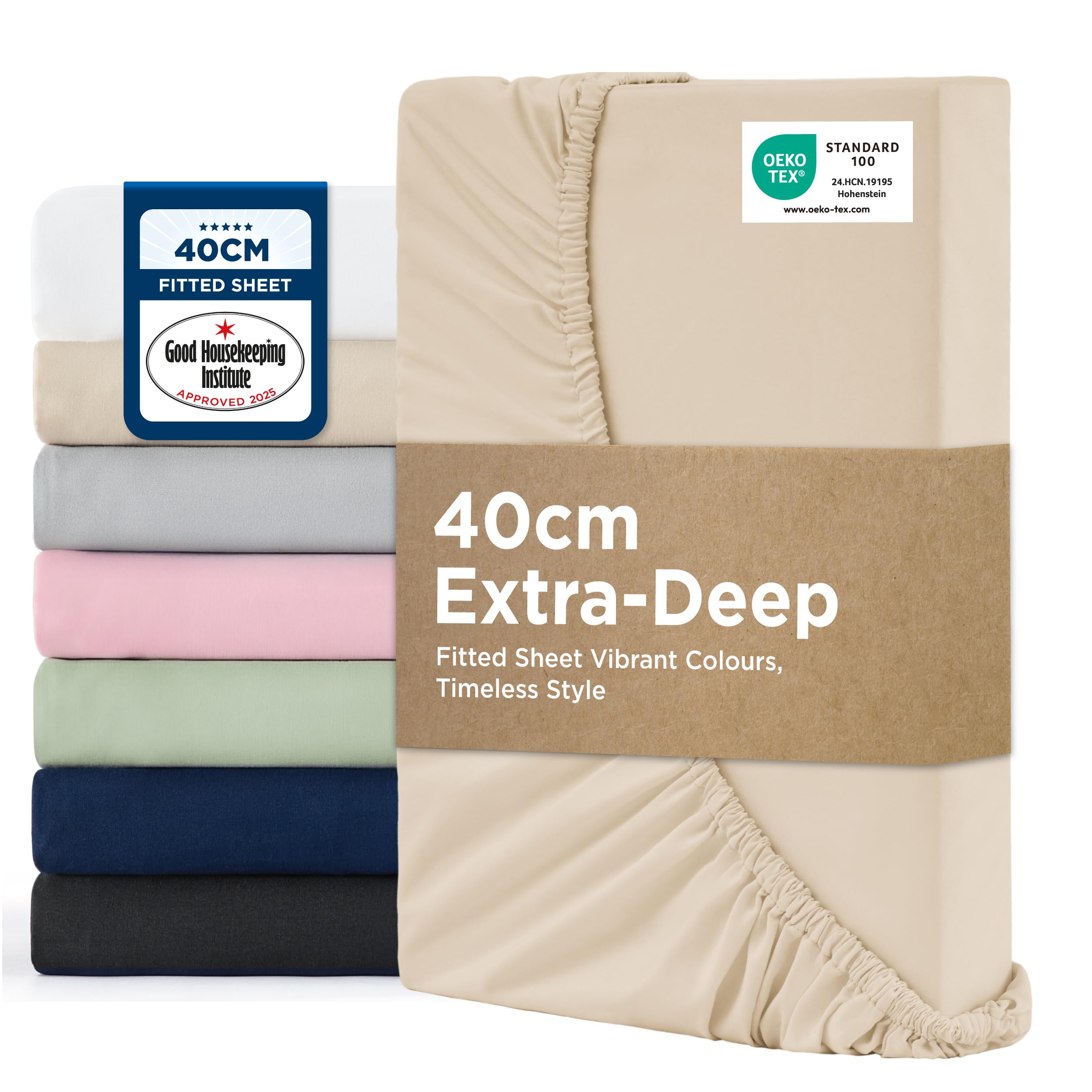 Bedsure Double Fitted Sheet Deep - Bed Sheets Extra Deep Pocket 16 Inches (40 cm), Soft Brushed Polyester Microfiber Material for Double Bed, Beige, 135x190cm