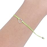 Lime Green, Womens Friendship Bracelet, Small Handmade Sterling Silver 925 Open Heart Shaped Charm, Pull Adjustable Kindred Cord Thread. Perfect Small Gift