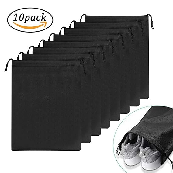 OMZGXGOD - 10 Stück Schuhbeutel, Wasserabweisend Schuhtasche Staubdicht Schuhsack Schwarz Stoffbeutel mit Zugband Travel Aufb