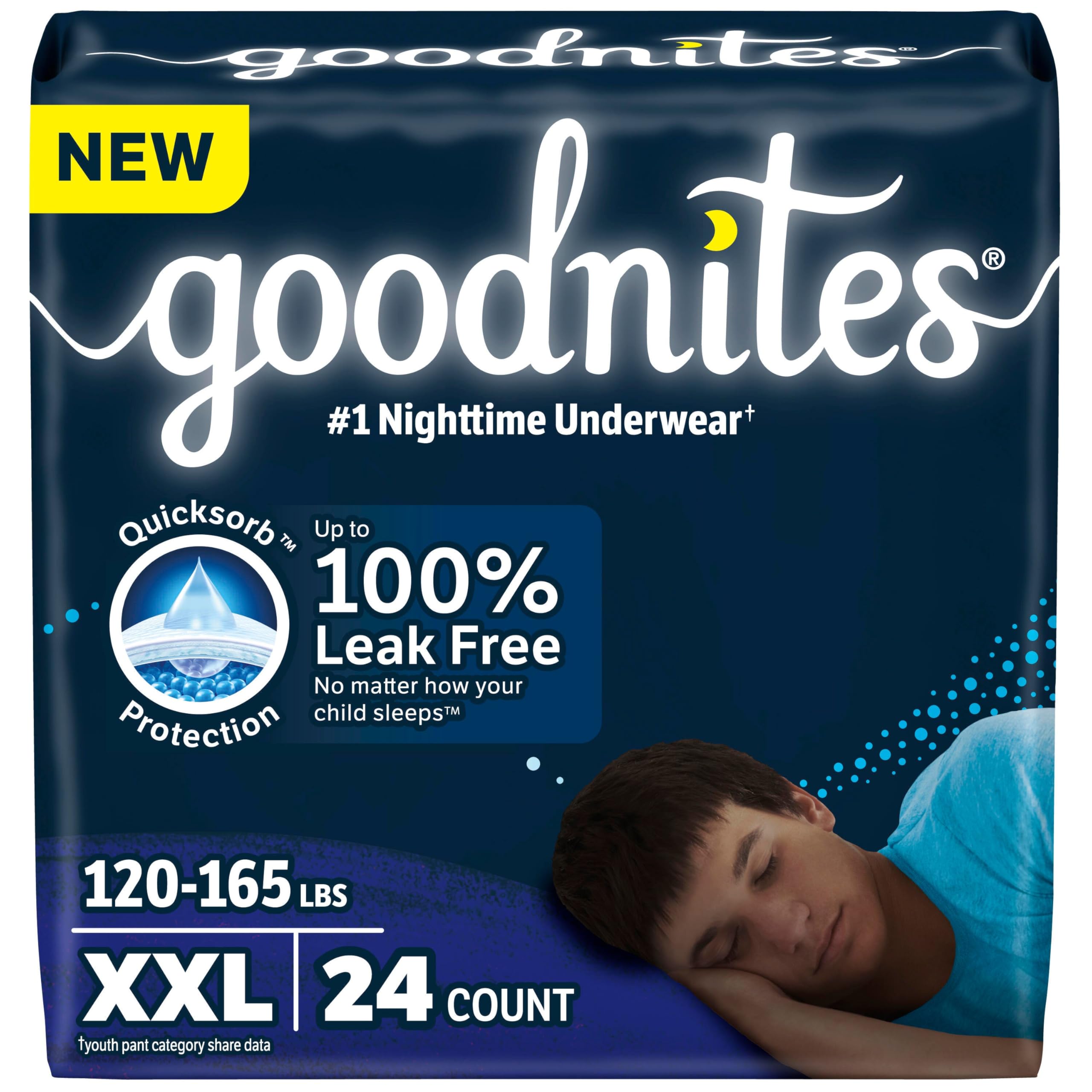 Photo 1 of Goodnites Boys' Nighttime Underwear, Size XXL (120-165 lbs), 24 Ct (2 Packs of 12), Packaging May Vary