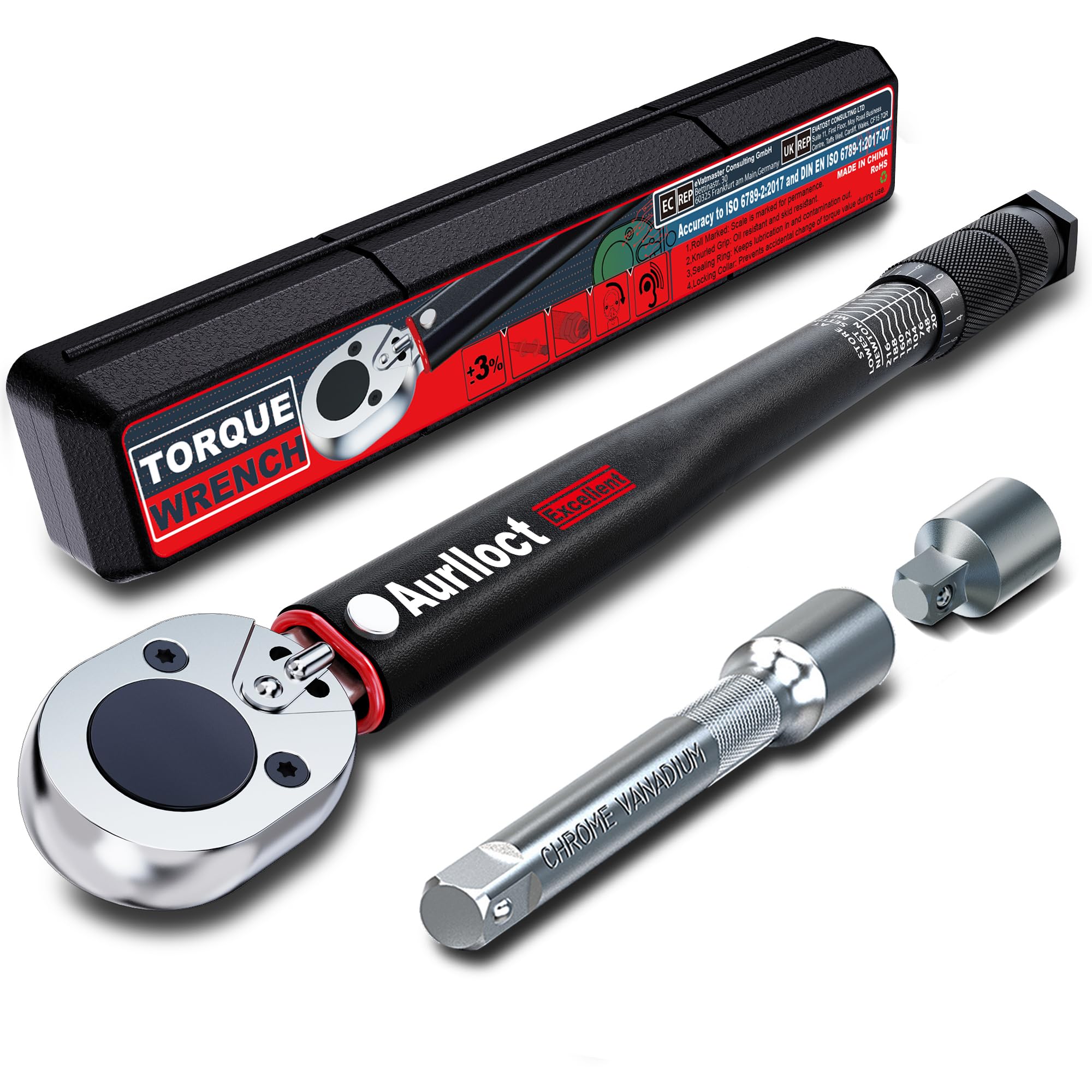 Aurlloct 1/2" Drive Click Torque Wrench Set, Torque Wrench Car 20-230 Nm, Wheel Torque Spanner with 3/8'' Adapter, ± 3% Accuracy for Truck, Car, Tire Replacement, and Motorcycle Car Maintenance