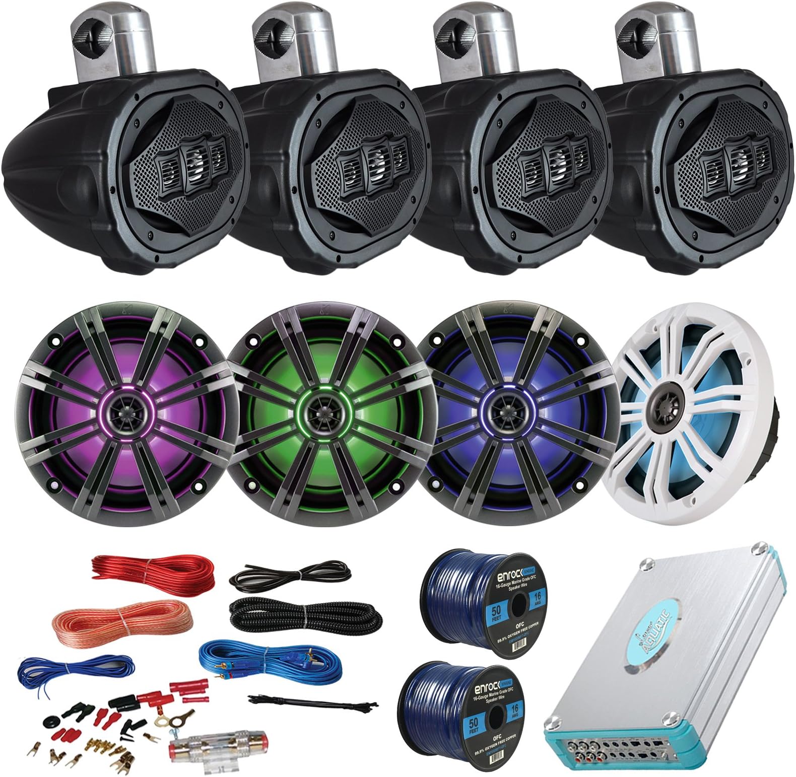 Speaker Package of 4 Kicker 41KM654LCW 6.5" Boat Coaxial LED Speaker + 4 AQWB69B Black 6.5" Marine Wake Board Speakers + Lanzar 4800w Bluetooth Amplifier with Install Kit + Enrock 100ft Speaker Wire