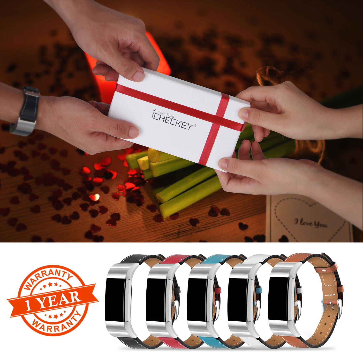 Fitbit Charge 2 Bands - Icheckey Genuine Leather Replacement Wristbands Include Gift Box for Fitbit Charge 2, Large Small Charge 2 Fitness Strap Black