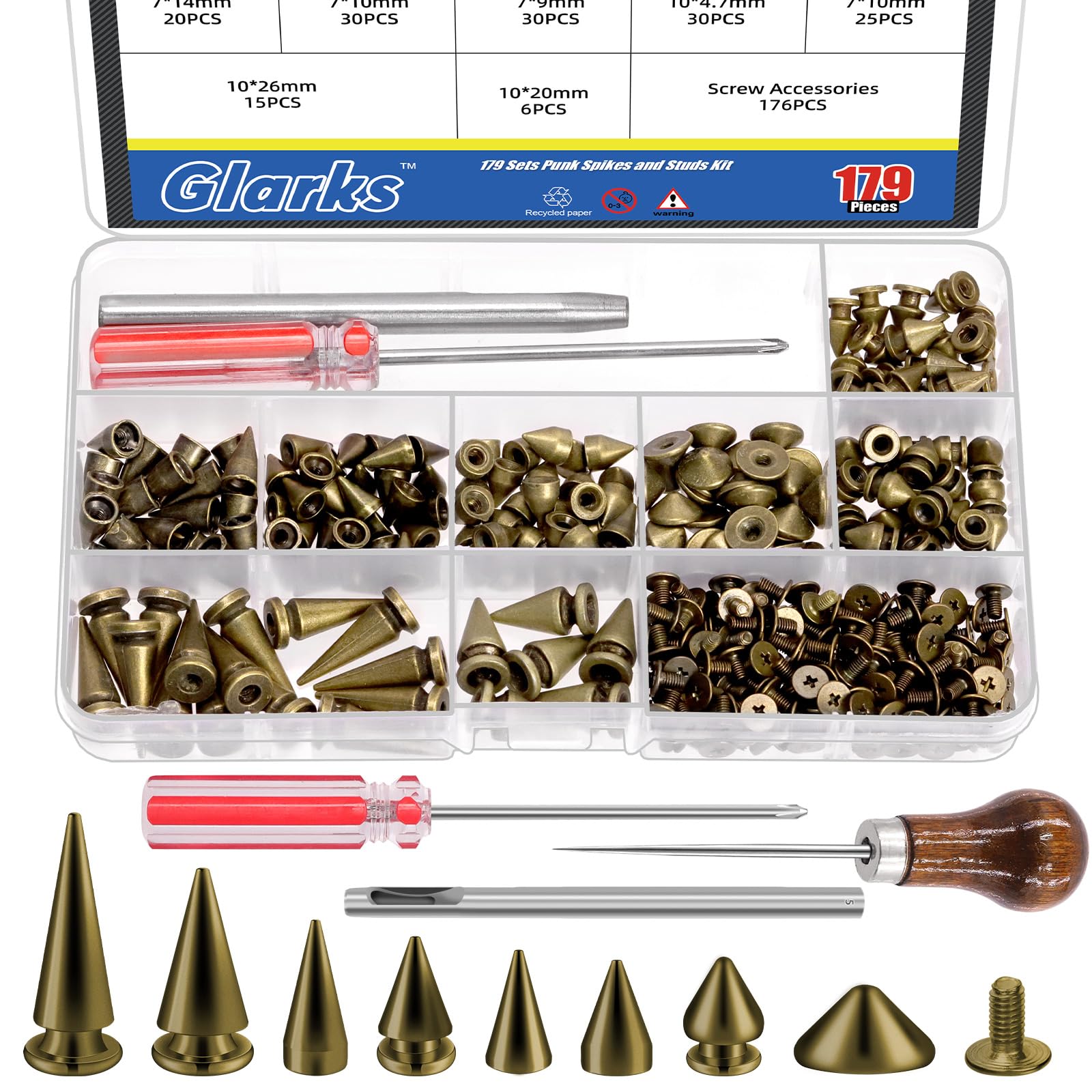 Glarks 355pcs Antique Brass Punk Spikes and Studs Kit, 7 Sizes Zinc Alloy Cone Spike and Stud Rivet, Metal Leather Tree Spikes Studs with Scratch Awl Screwdriver Punch