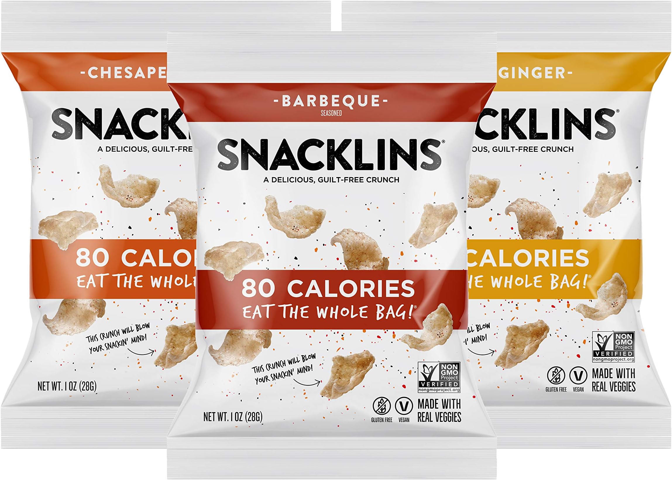 SNACKLINS Plant Based, Puffed Chips, Healthy, Crunchy, Gluten-Free, and Vegan, Classic Trio Variety Pack, Pack of 48