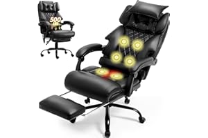 BLISNEST Massage Office Chair with Foot Rest,6 Points Vibration & Heat Executive Office Chairs,Big and Tall Leather Office Chair 500LBS,Ergonomic Desk Chair for Heavy People,Recliner with Dual-Use Pillow,Black