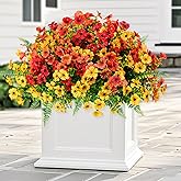 Pinenoya Artificial Faux Plants Flowers Outdoor Decoration,18 Bundles Fake Silk Colorful Daisy Eucalyptus Realistic UV Resistant for Outside Home Planter Porch Patio Yard Decor (Yellow Red)