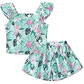 SOLOYEE Girls Summer Clothes 4-12 Years Girl Outfits Print Ruffle Sleeveless Top + Casual Short 2 Piece Cute Clothing Set