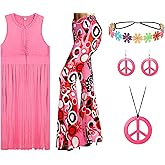 Geyoga Women 70s Hippie Costume Set Boho Fringe Vest Flared Pant Cardigan Peace Sign Earrings for Carnival Halloween Costume Party(Bright, Large)