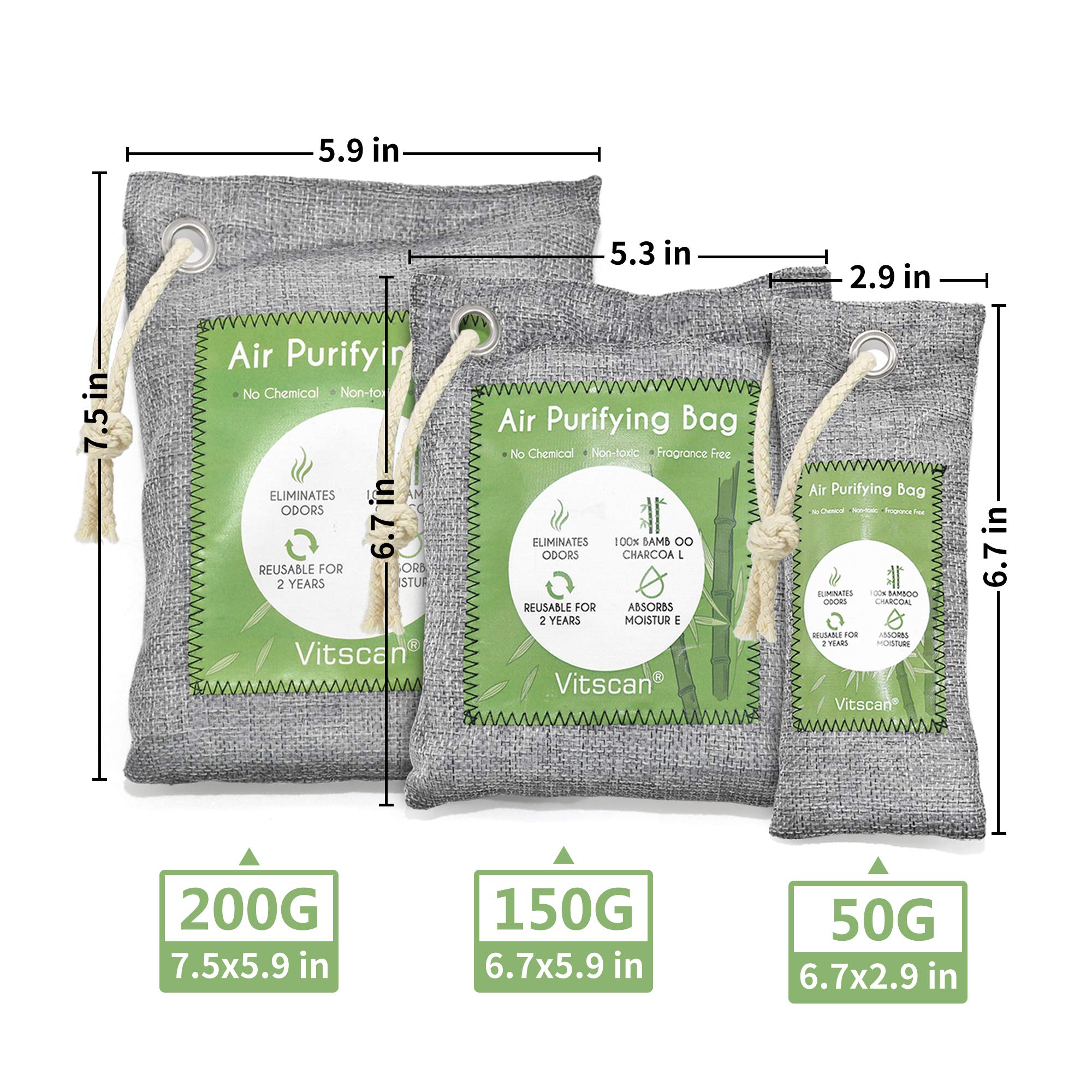 12 Pack Bamboo Charcoal Air Purifying Bag, Activated Charcoal Bags Odor Absorber, Moisture Absorber, Natural Car Air Freshener, Shoe Deodorizer, Odor Eliminators For Home, Pet, Closet (8x50g, 4x200g)