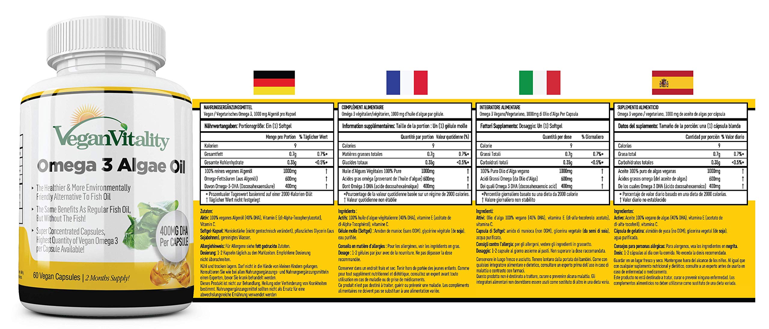 Olio di Alghe Omega 3 Vegan di Vegan Vitality: 400mg DHA per Capsula. 60 Capsule, Fornitura per 2 Mesi. Vitamine Vegetariane Al 100% Vegetali