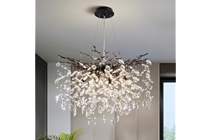 YUYI 23.6" Black Chandelier, 8-Light Modern Crystal Tree Branch Chandelier for Dining Room, Contemporary Luxury Round Raindrop Pendant Light Fixture for Living Room, Foyer, Entryway, Kitchen, Bedroom