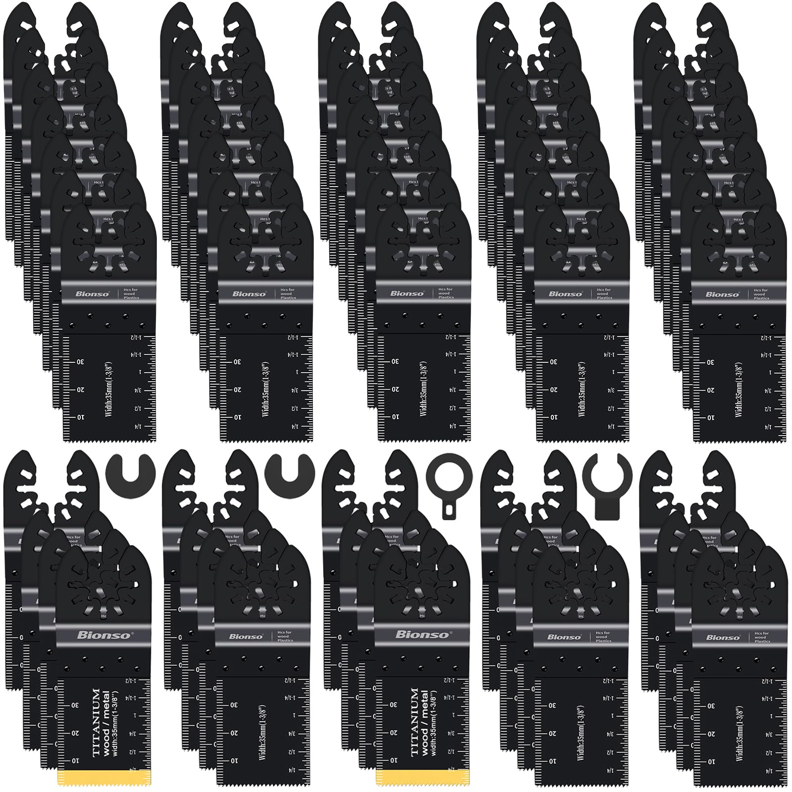 Photo 1 of Bionso 55PCS Oscillating Saw Blades, Professional Universal Titanium Multitool Blades for Wood Plastics Metal, Quick Release Multi Tool Kits Fit Dewalt Ryobi Milwaukee Rockwell Fein Makita