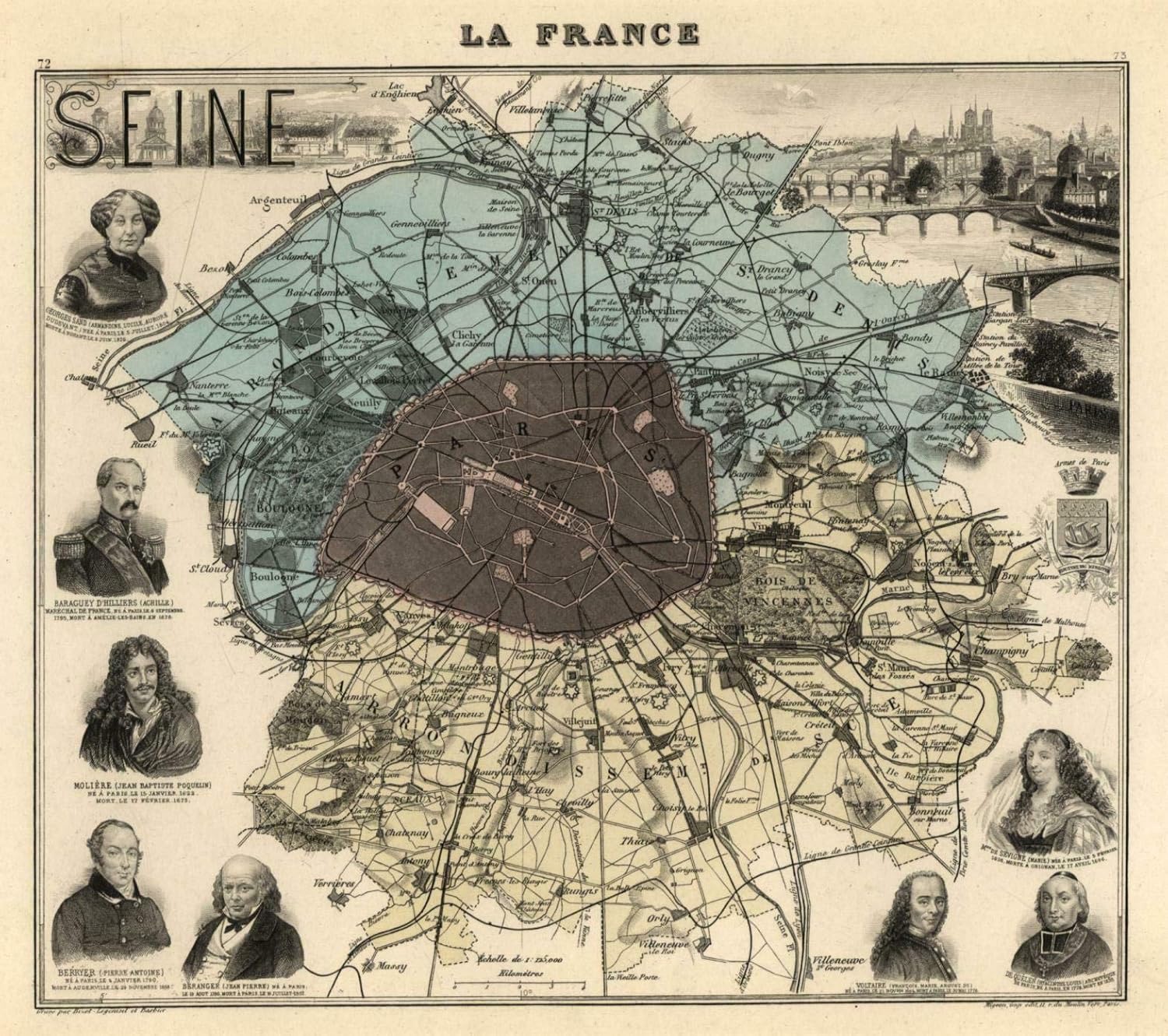 Amazon Com Paris City Plan Seine River Famous Parisians Voltaire Georges Sands 10 Map Entertainment Collectibles