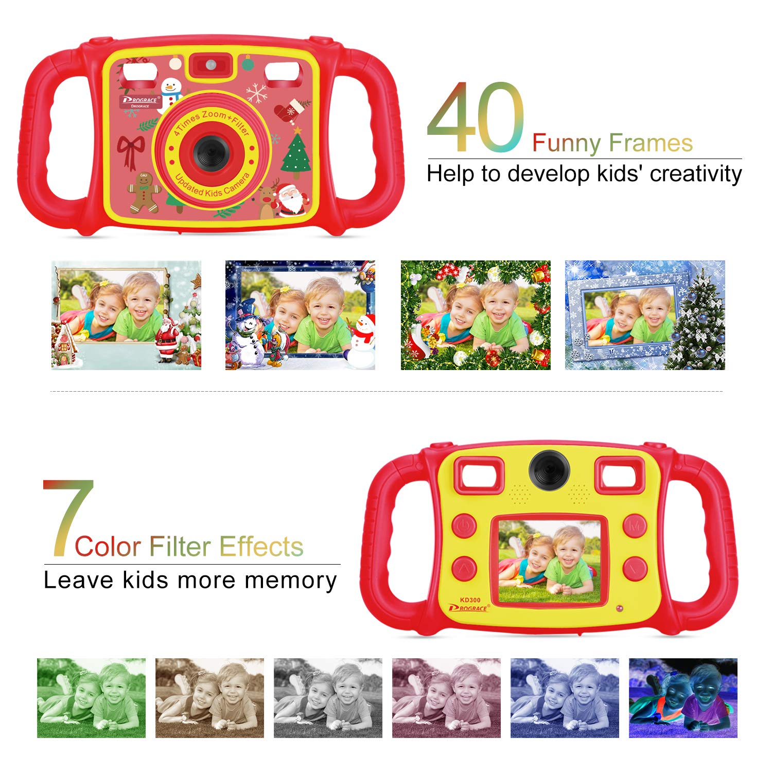 Prograce Kids Camera Dual Camera Selfie Digital Video Camera Camcorder for Boys Girls with 4X Digital Zoom, Flash Light and Funny Game（Red）