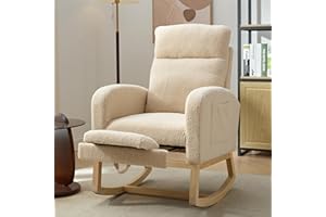 ALAKFORM Rocking Chair Nursery, Teddy Glider Chair with Adjustable Foot Rest and Solid Wood Legs, High Backrest Nursring Chair with Side Pocket, Rocker Armchair for Living Room Nursery