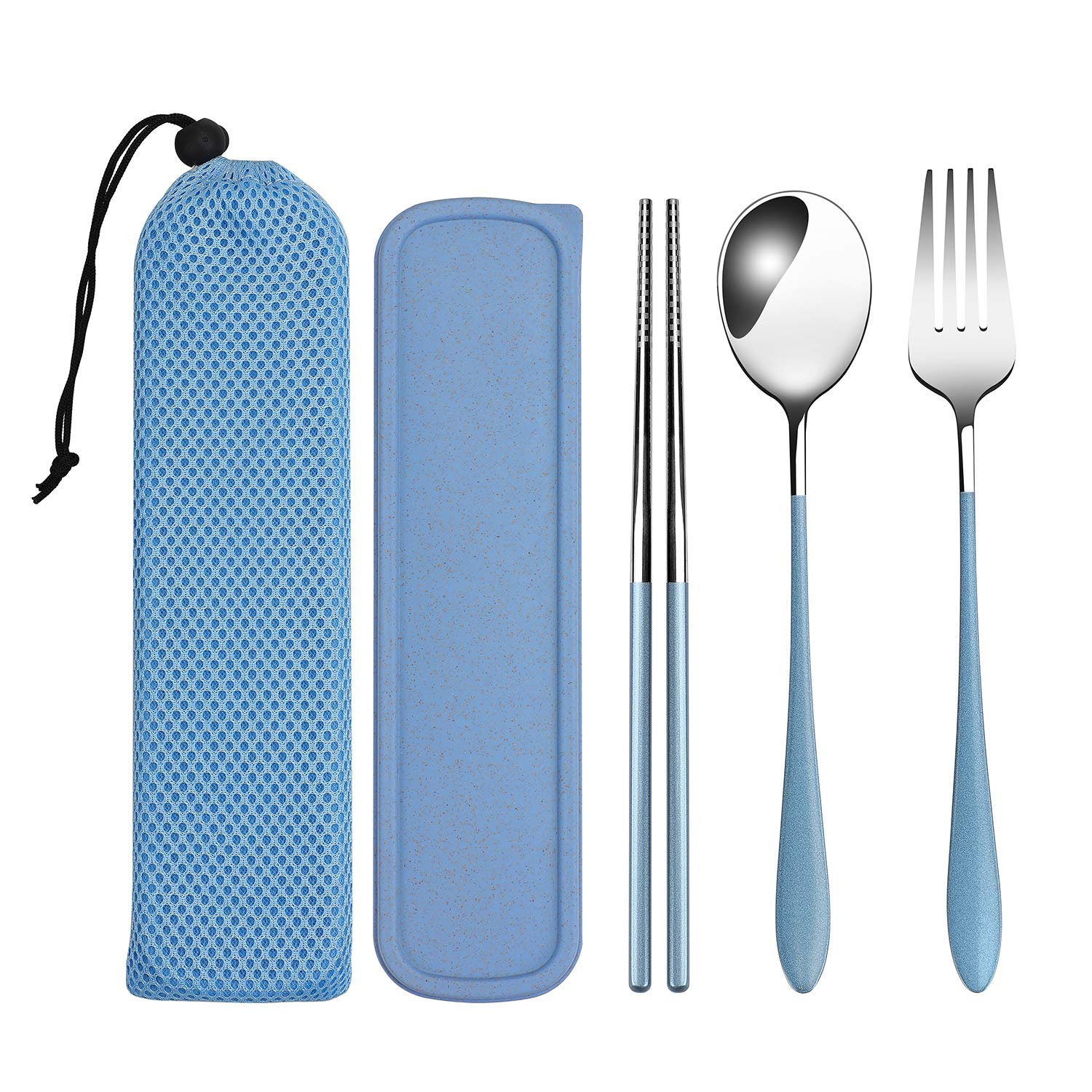 loopki Portable Reusable Travel Cutlery Set,Stainless Steel Cutlery Set Portable Camp Reusable Flatware Silverware,Include Fork Spoon Chopsticks with Case (Blue)
