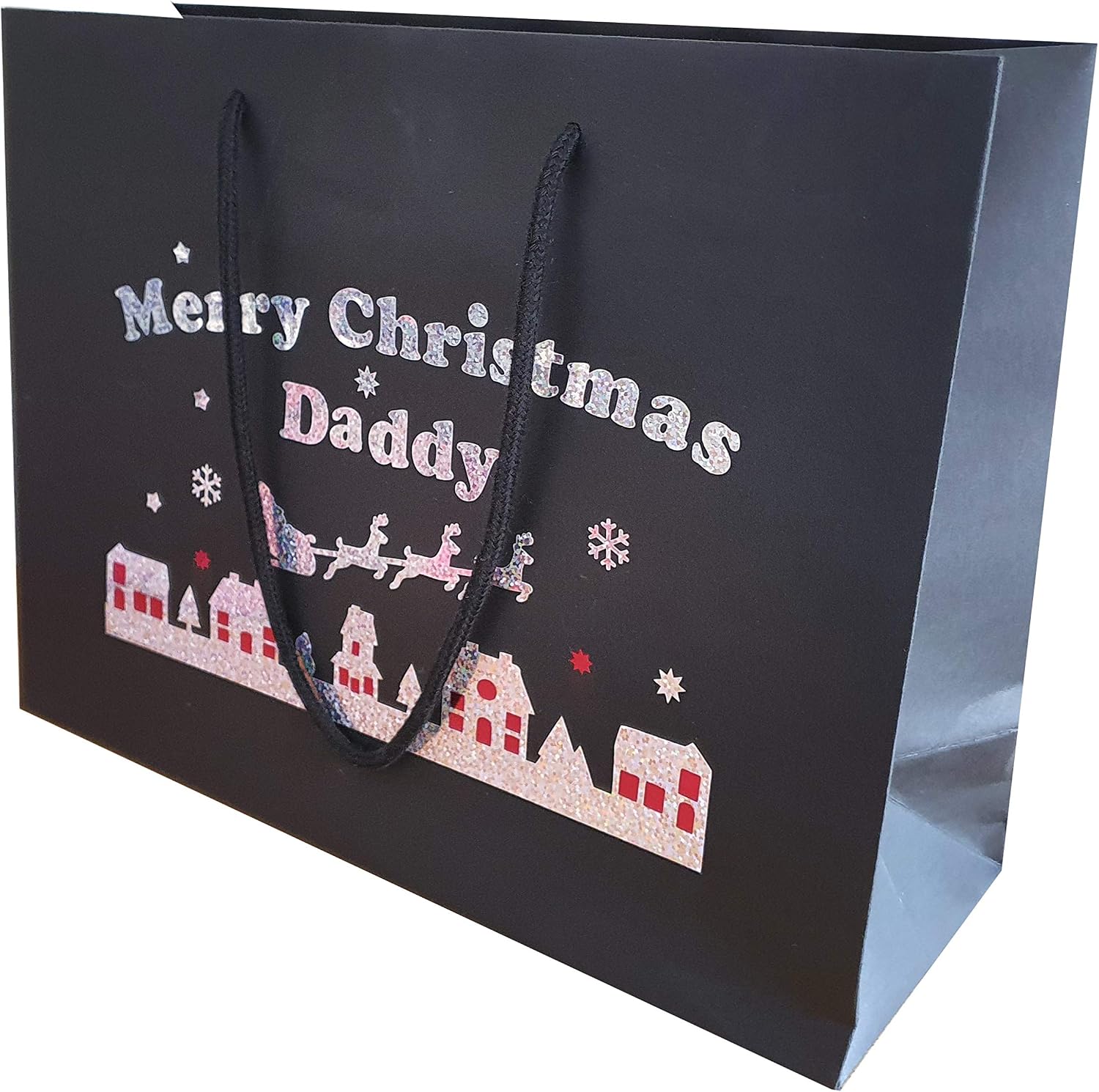 Large Daddy Christmas Holographic Gift Bags Wrap with Santa and Sleigh, Holographic,Silver,Black - Image 3