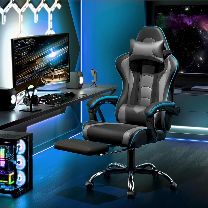 Cadeira gaming com massageador cadeira de escritório com apoio para os pés cinzento