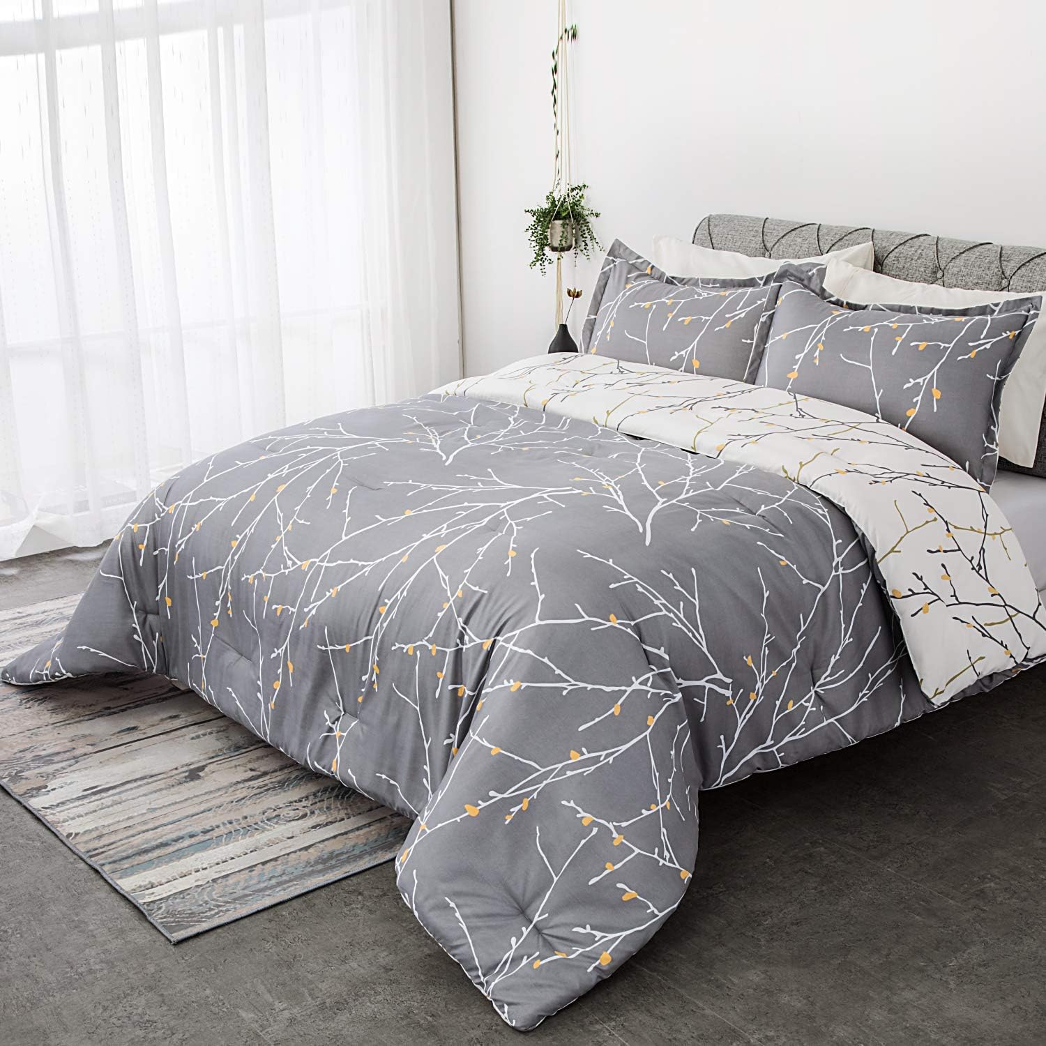 Bedsure Comforter Set King Size, Reversible Down Alternative Comforter Microfiber Duvet Sets (1 Comforter + 2 Pillow Shams), Tree Branch Floral, Grey&Ivory: Home & Kitchen