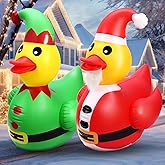 Lenwen 2 Pcs 4 ft Christmas Giant Inflatable Duck Xmas Large Huge Blow up Rubber Yard Yellow Inflatable Duck with Christmas Cloth Pool Float for Indoor Outdoor Holiday Party Garden Patio Lawn Decor