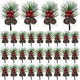 Christmas Floral Picks with Pine Cones and Holly Berries, 30Pcs Artificial Pine Greenery Stems Christmas Picks and Sprays for Holiday Decoration, Crafts, Gift Wrap Embellishments (30)